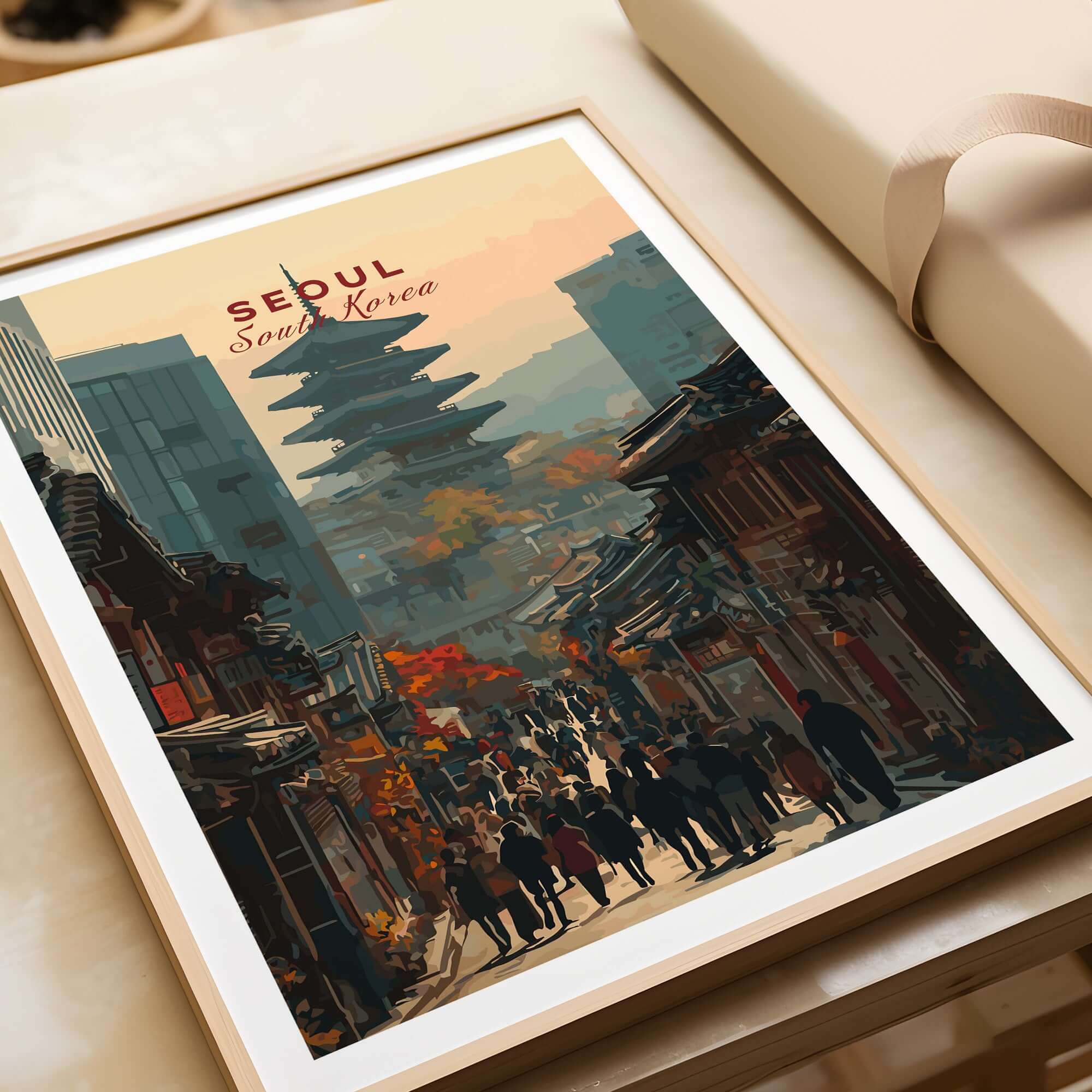 Seoul South Korea Poster - Historic City Landmark Print showcasing vibrant architecture and lively streets.