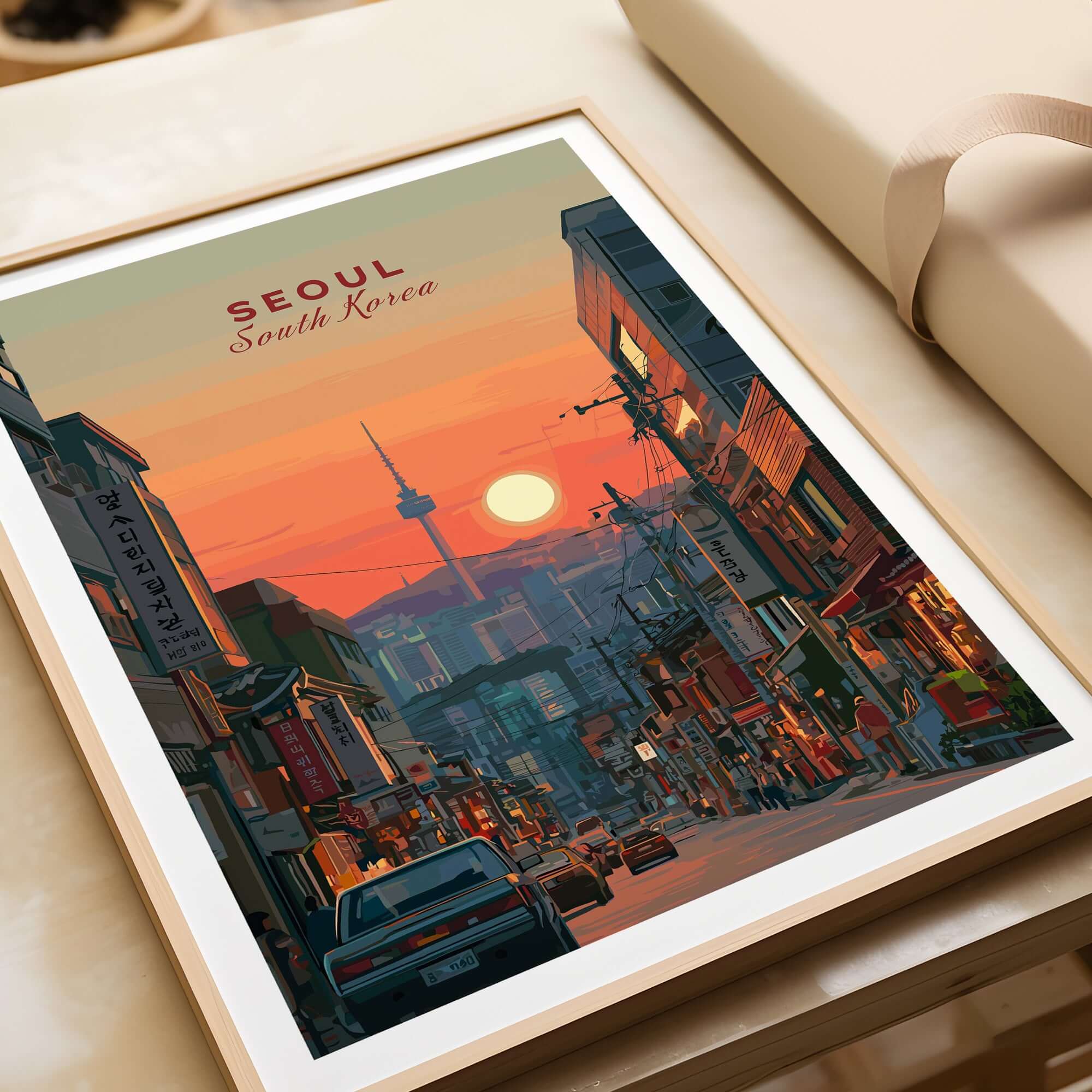 Seoul South Korea City Sunset Print - N Seoul Tower Skyline Poster showcasing vibrant city streets at dusk.