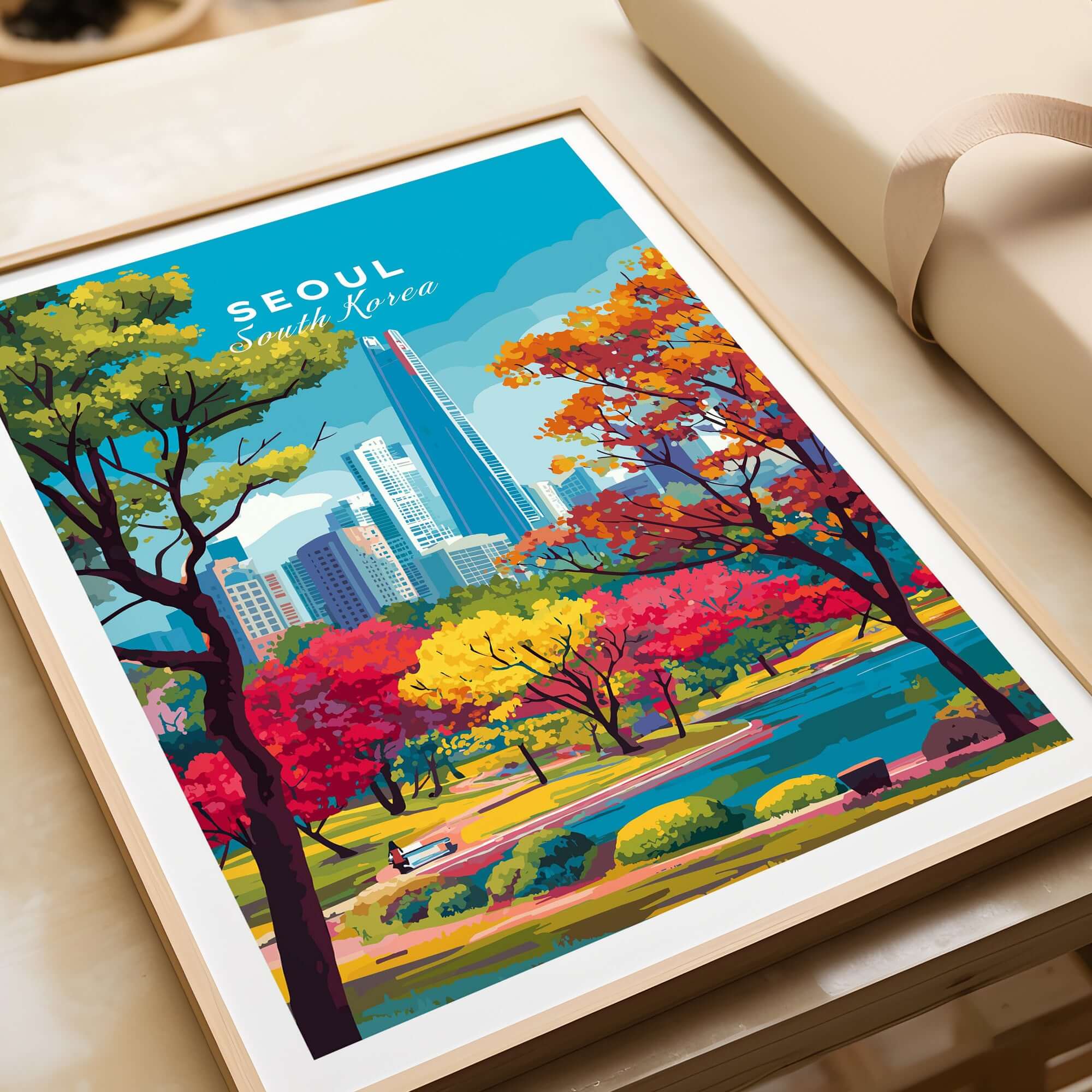 Seoul South Korea Lotte World Tower Park Print showcasing vibrant autumn trees and the iconic tower skyline.