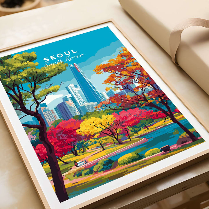 Colorful Lotte World Tower Park print showcasing Seoul's skyline amid vibrant autumn trees.