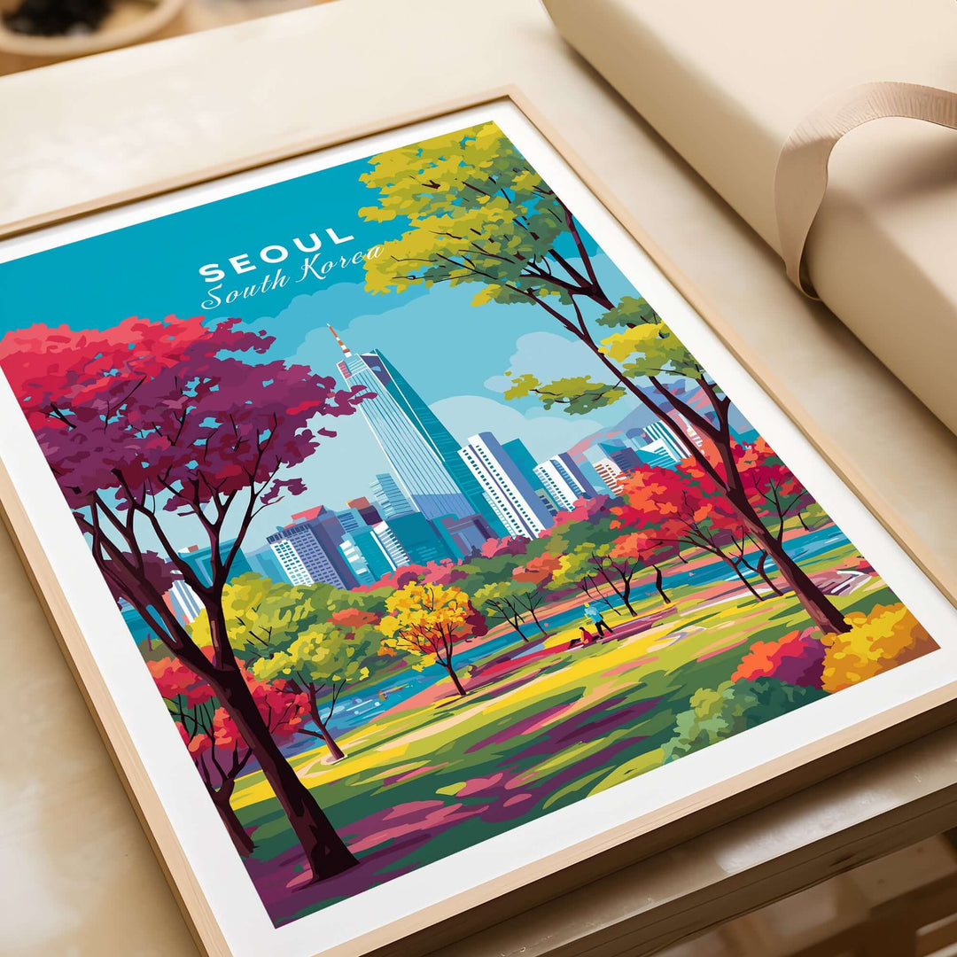 Seoul South Korea vibrant cityscape poster with colorful trees and skyline in a modern frame.