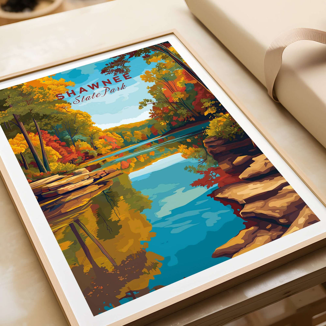 Shawnee State Park Ohio autumn forest lake print featuring vibrant fall colors and serene reflections.