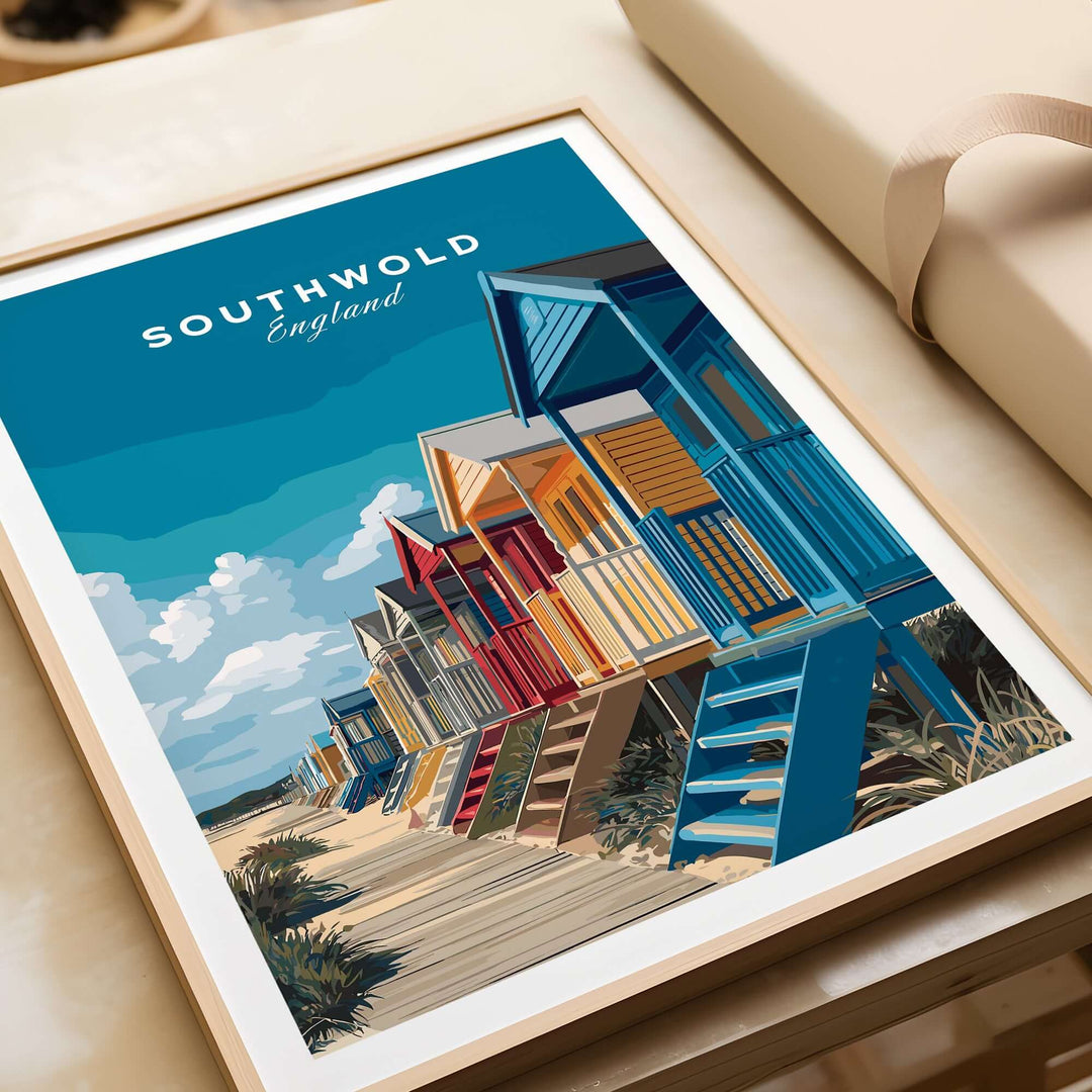 Colorful Southwold beach huts print showcasing vibrant coastal scenery in Suffolk, England, perfect for wall art.