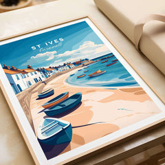 St Ives Beach Boats Seascape Poster - Cornwall Seaside Village Print showcased in a stylish frame on a table.
