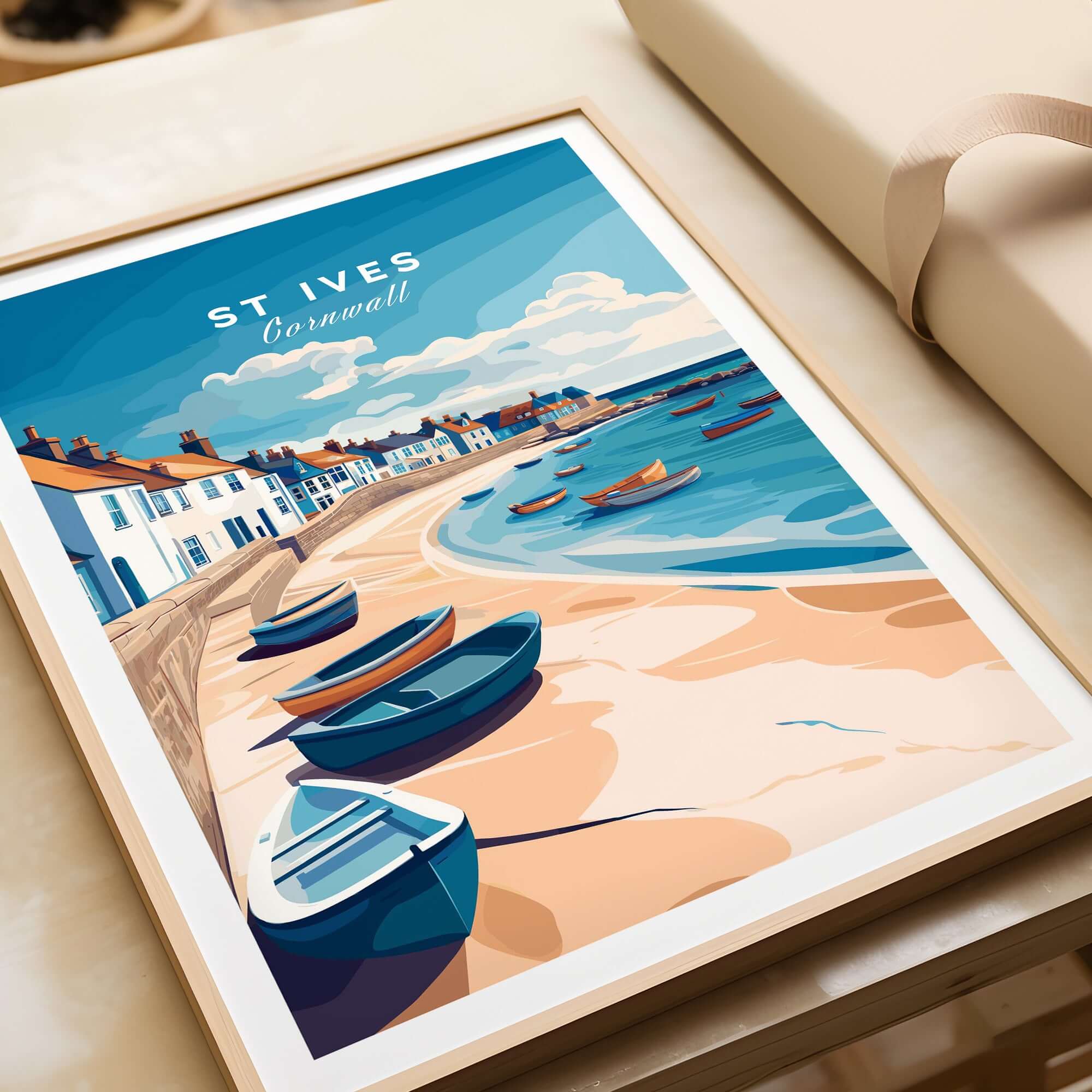 St Ives Beach Boats Seascape Poster - Cornwall Seaside Village Print showcased in a stylish frame on a table.