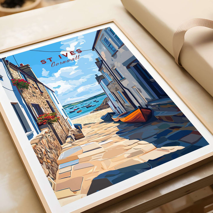 St Ives Cornwall Alleyway Beach View Print showcasing a coastal path and vibrant seaside scene.
