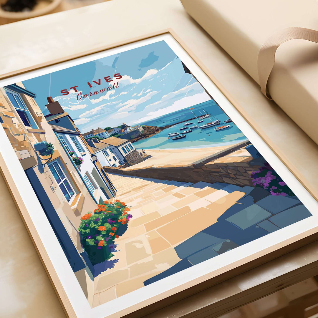 St Ives Cornwall Stone Steps to Beach Poster with vibrant coastal view, perfect for seaside decor.