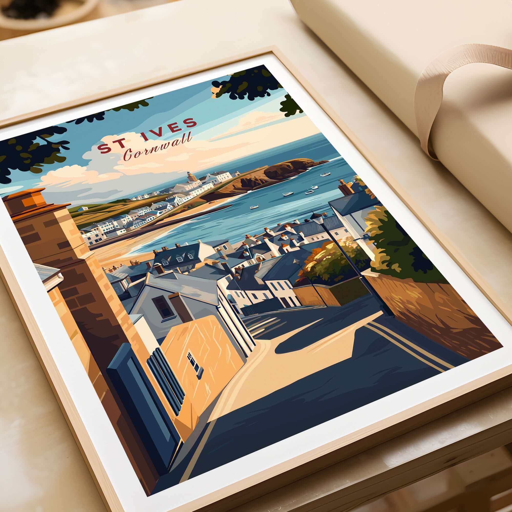St Ives Across the Rooftops View Print - Cornish Town Wall Art showcasing a scenic view of the Cornish village and coastal landscape.