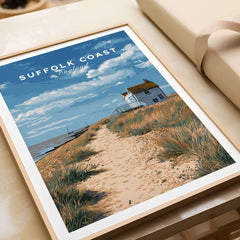 Suffolk Coast England Beach House Seaside Print - Coastal Pathway Wall Art showcasing a coastal pathway and beach house.