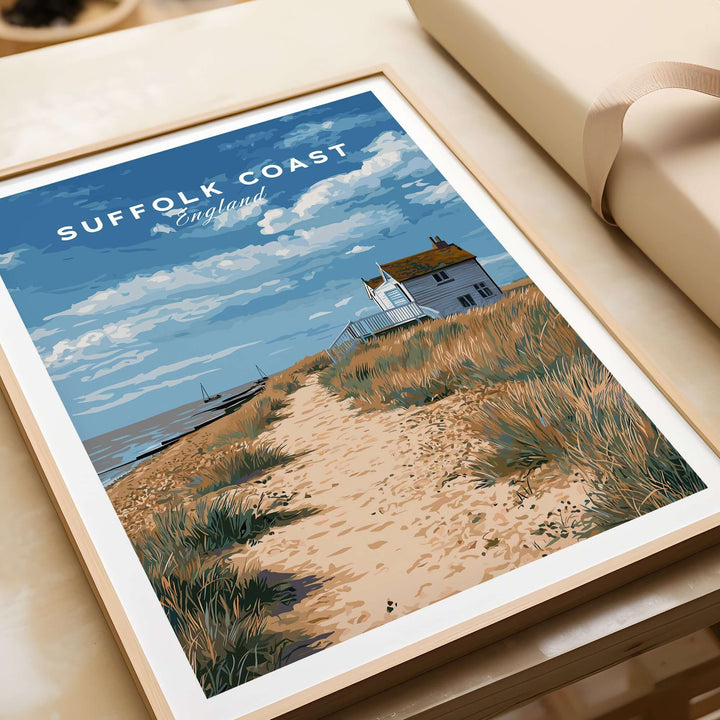Suffolk Coast England seaside print featuring a coastal pathway and beach house, perfect for coastal decor.