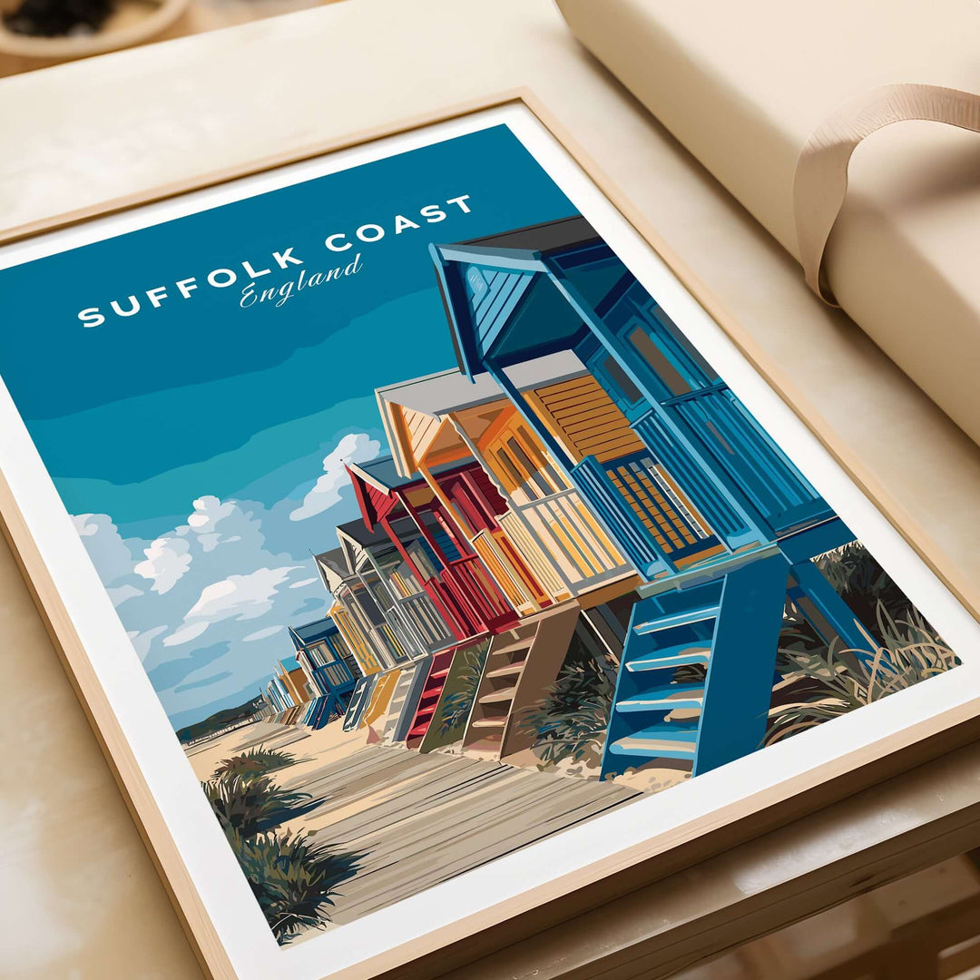 Colorful beach huts print of Suffolk Coast, England, showcasing vibrant seaside wall art for coastal decor.