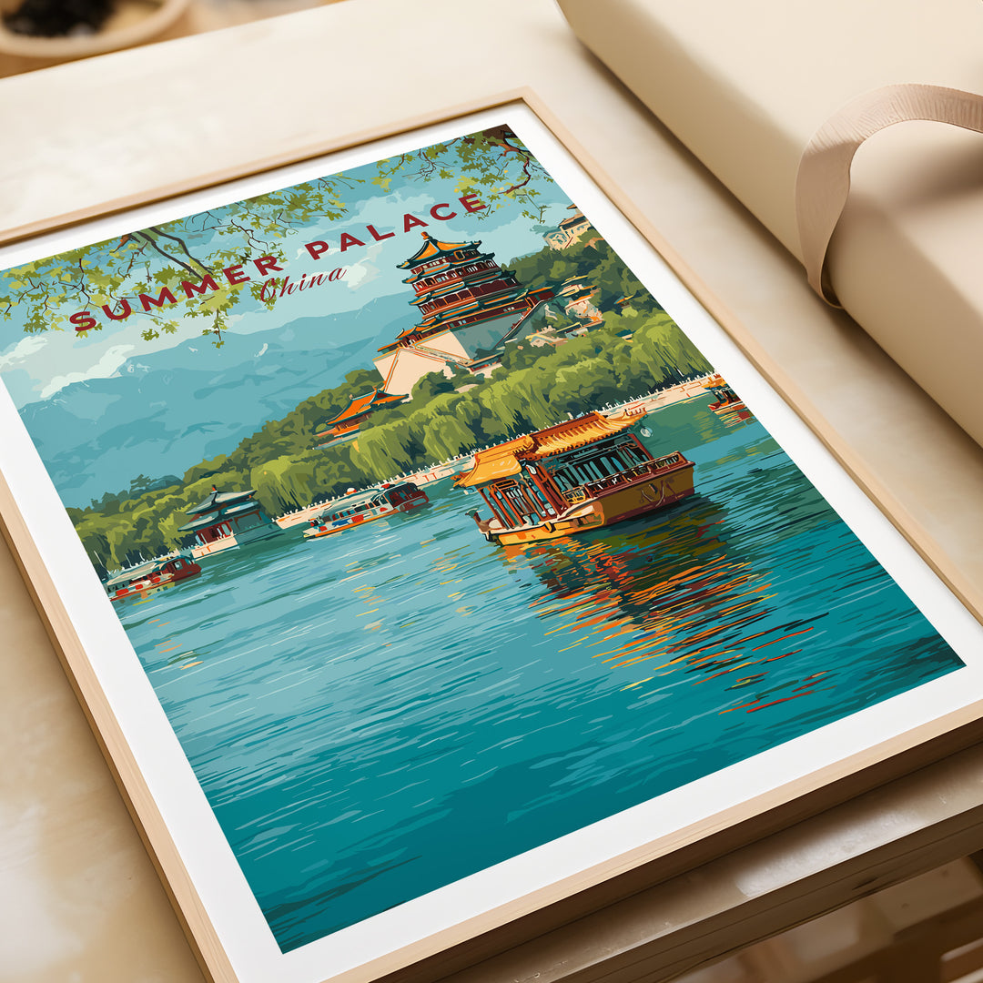 Summer Palace China art print featuring a serene lake with colorful boats and traditional architecture in Beijing.