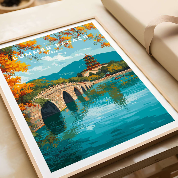 Summer Palace Seventeen-Arch Bridge Print showcasing vibrant colors and tranquil water in Beijing, China.