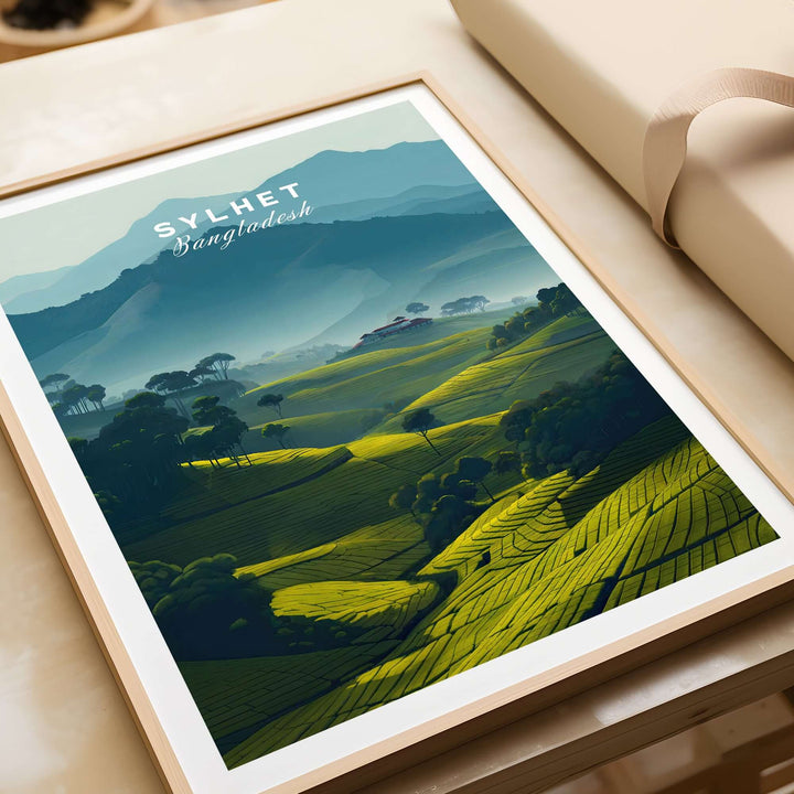 Sylhet Bangladesh poster showcasing tea plantations and misty mountains, capturing serene landscapes and tranquil beauty.