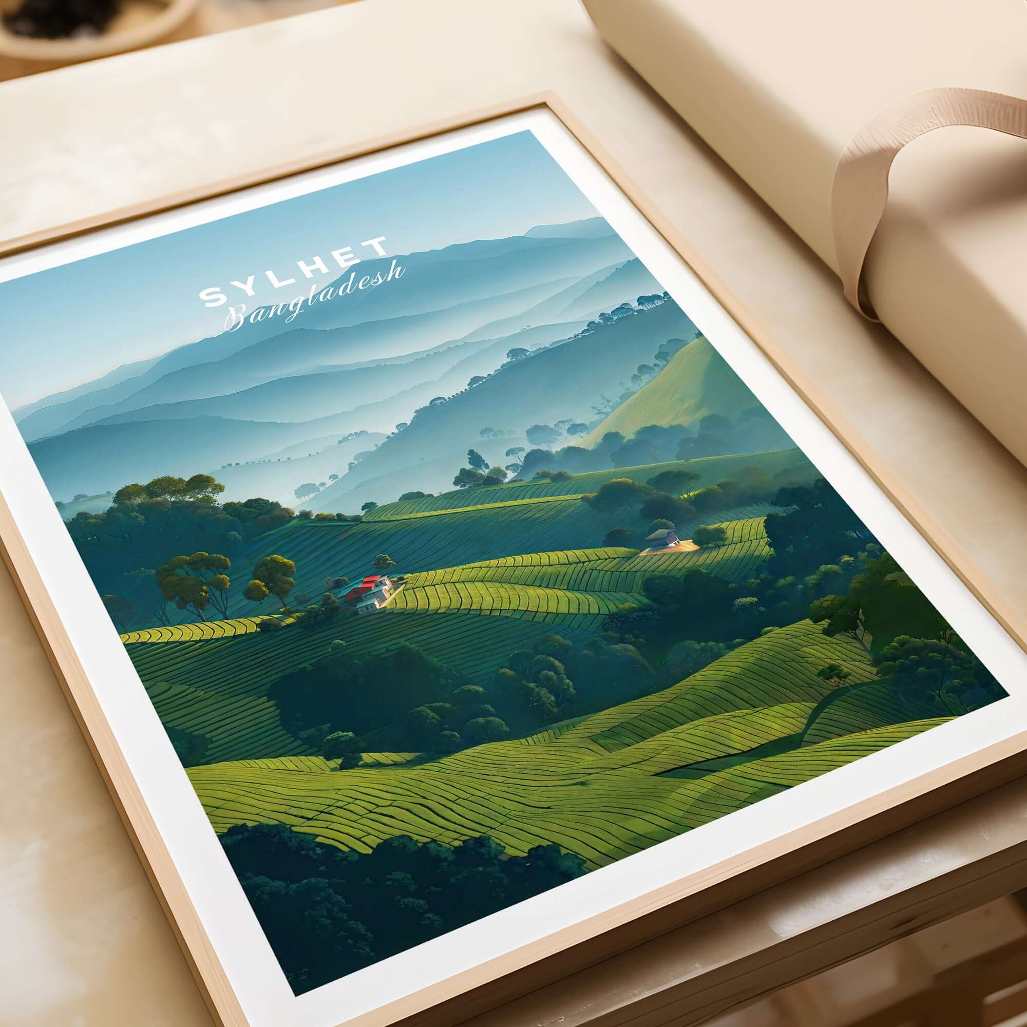 Sylhet Bangladesh Tea Fields Print - Serene Hillside Landscape Poster featuring lush green tea plantations.