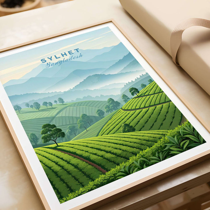 Sylhet wall art poster featuring lush green tea estates and mountains in Bangladesh, capturing natural beauty.