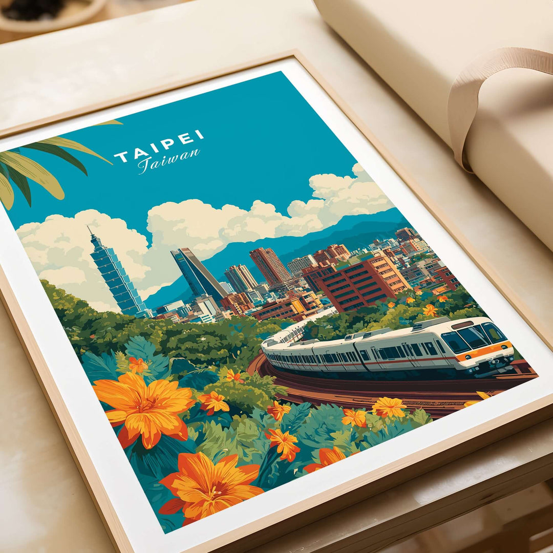 Taipei skyline poster featuring MRT train and vibrant urban landscape with flowers, perfect for wall art enthusiasts.