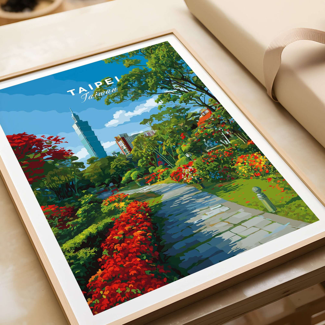 Taipei poster featuring a vibrant botanical garden pathway with lush greenery and colorful flowers.