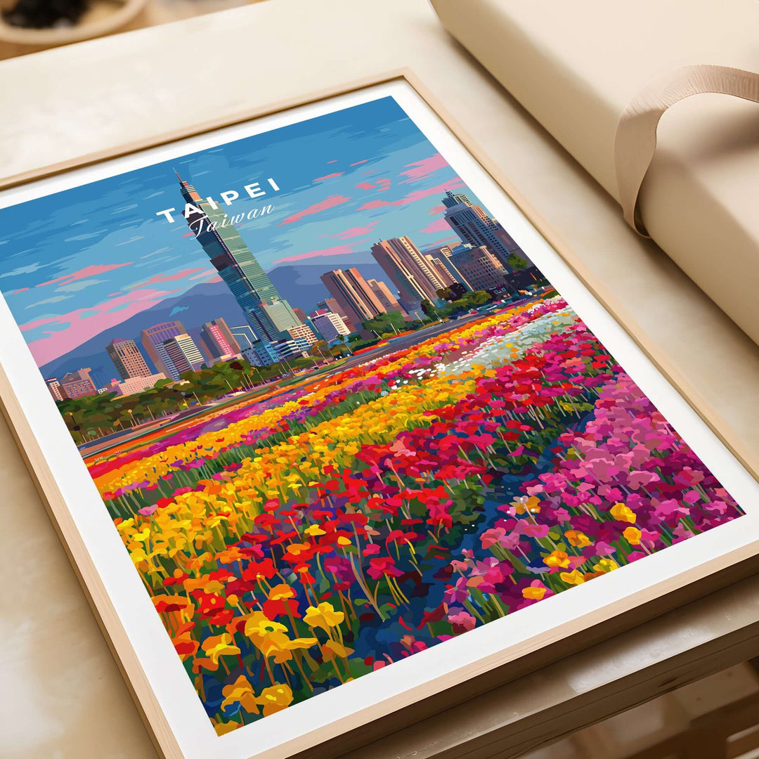 Colorful Taipei cityscape print featuring Taipei 101 skyline and vibrant flower fields.