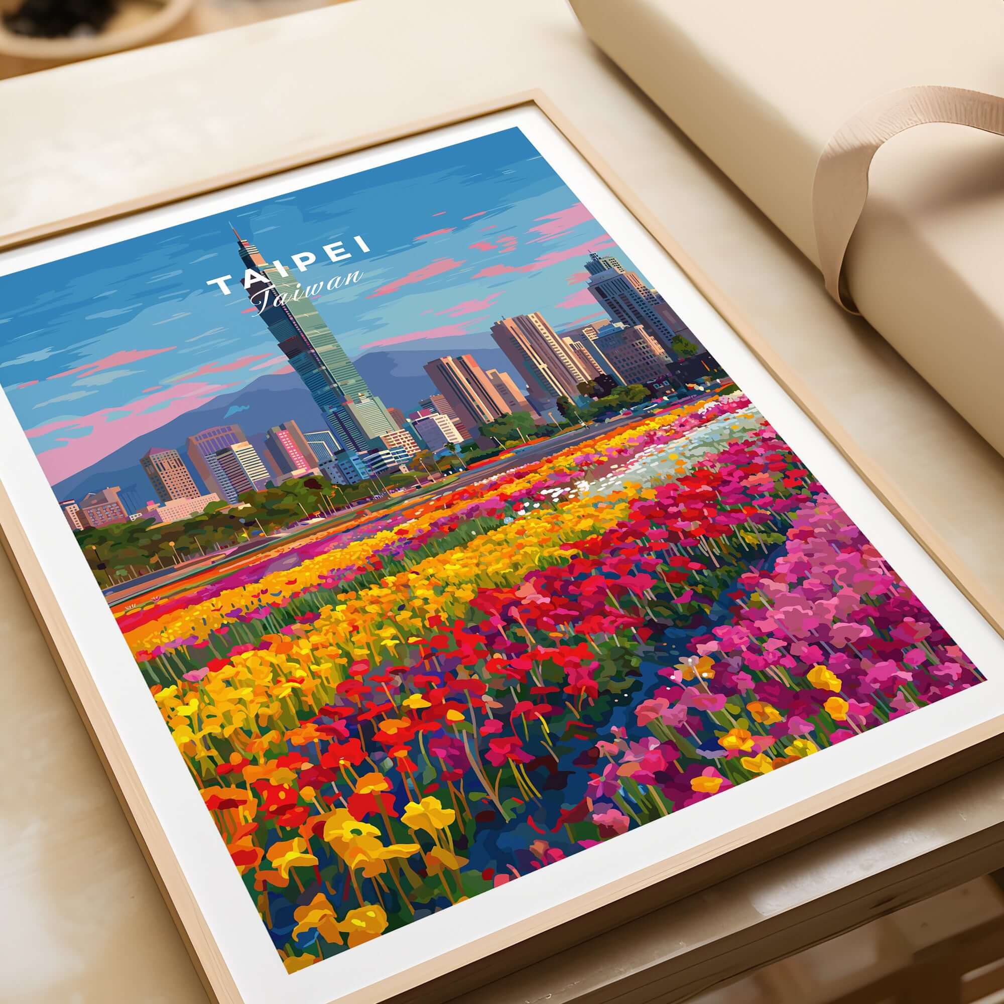 Taipei Taiwan Cityscape Print - Taipei 101 Skyline Wall Art with vibrant flowers in foreground.
