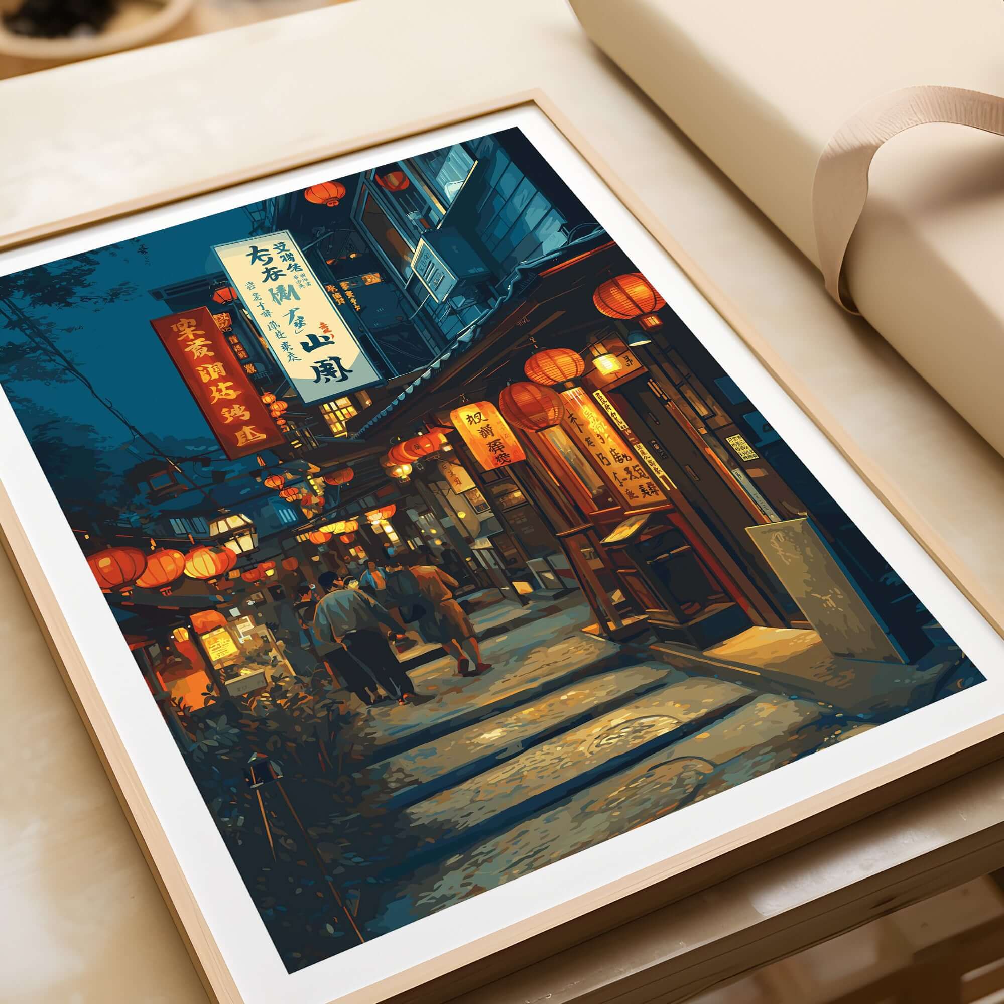 Taipei Taiwan Print Lantern Alley Night Scene - Traditional Street Wall Art showcasing a vibrant night scene with lanterns.