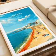 Trieste Italy Print - Adriatic Coast Wall Art featuring a vibrant beach scene and coastal views.