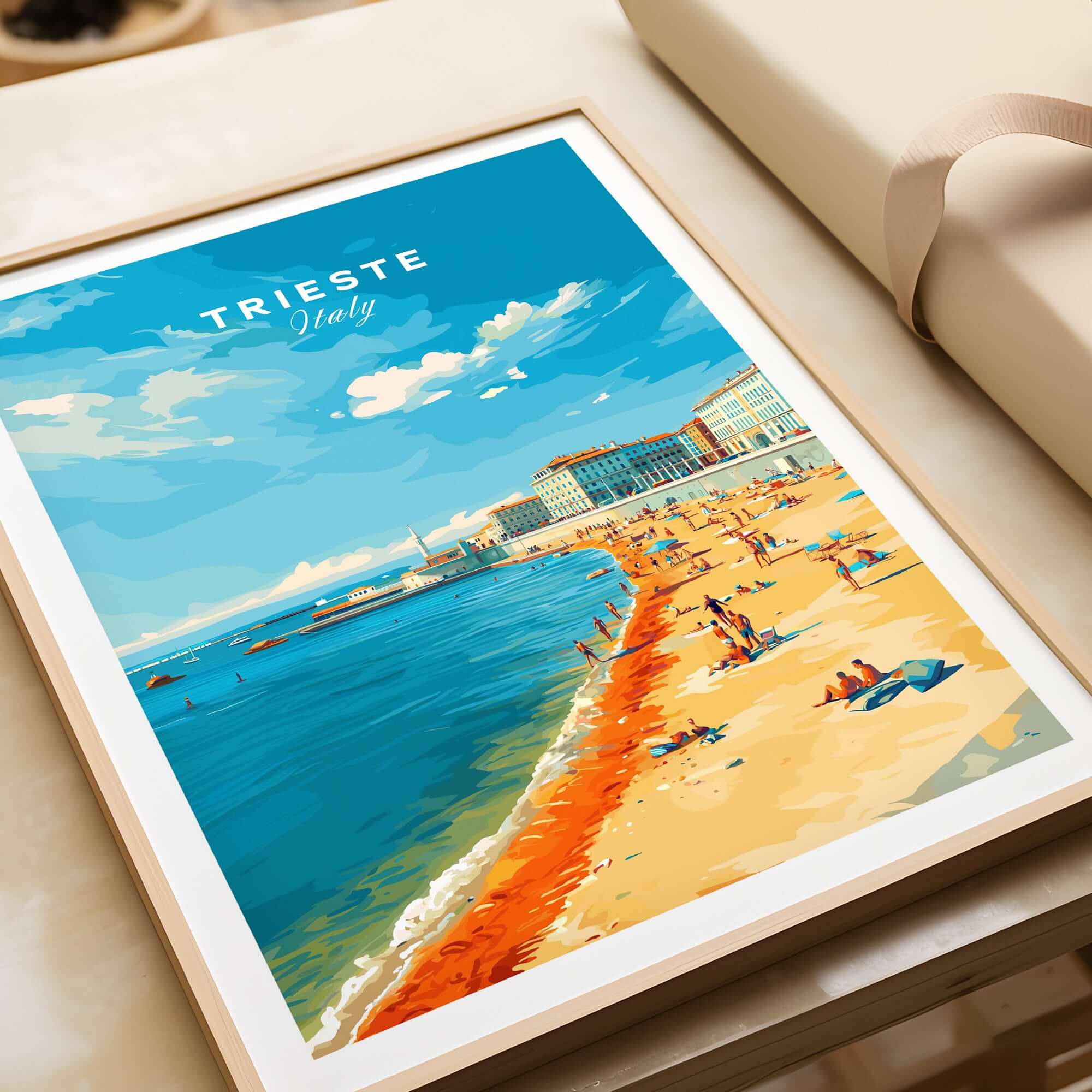 Trieste Italy Print - Adriatic Coast Wall Art featuring a vibrant beach scene and coastal views.