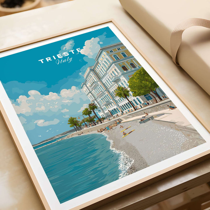 Trieste Italy poster featuring a beach scene with coastal architecture and palm trees, perfect for wall art décor.