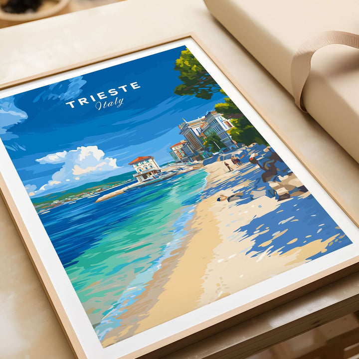 Trieste Italy beach print showcasing vibrant coastline and Mediterranean scenery, ideal for Italian Riviera wall art.