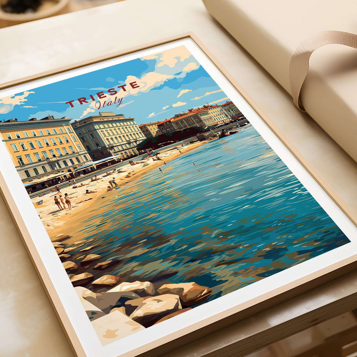 Trieste Italy travel poster featuring scenic waterfront views and vibrant buildings, perfect for decor and wanderlust.