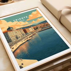 Trieste Italy Print featuring scenic waterfront and historical architecture in a stylish modern frame.
