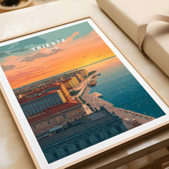 Trieste Italy Coastal Sunset Skyline Poster - Adriatic Seascape Print featuring a serene coastal sunset view.