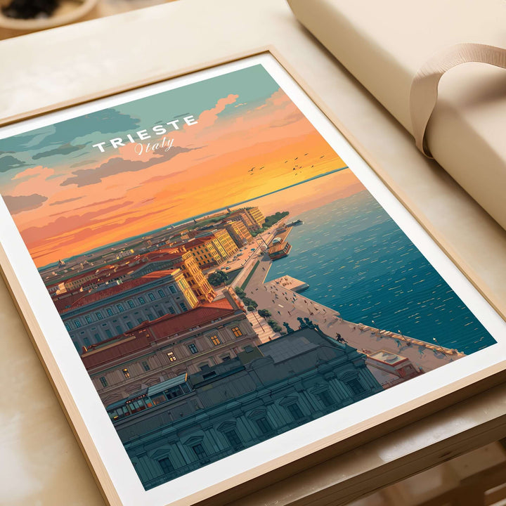 Trieste Italy coastal sunset skyline poster featuring Adriatic seascape and warm sunset hues.