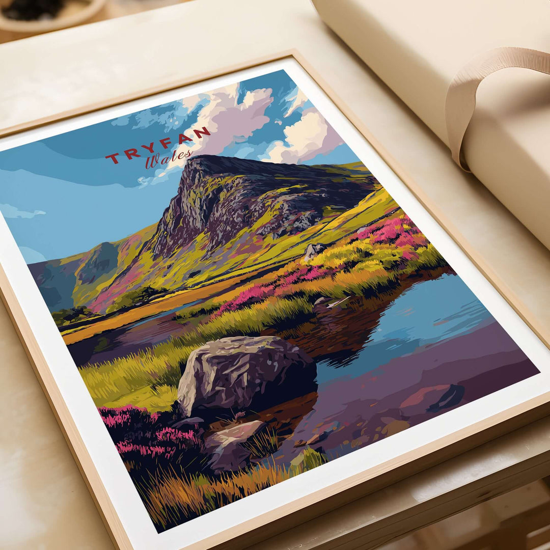 Tryfan Wales mountain landscape print showcasing rugged beauty of Snowdonia Valley with vibrant colors.