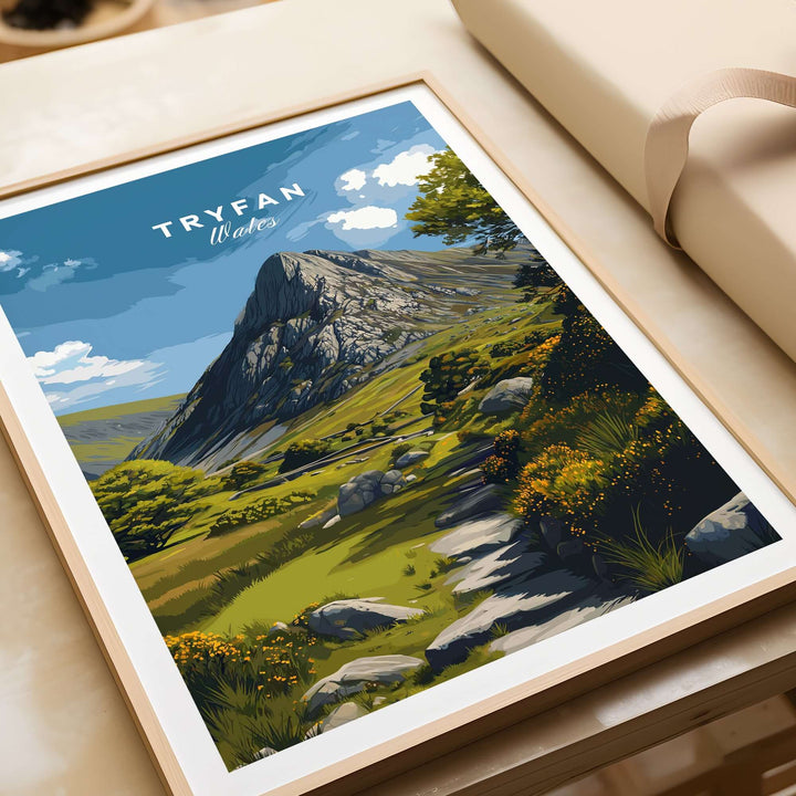 Tryfan poster featuring rugged Welsh mountains and scenic highlands landscape art.