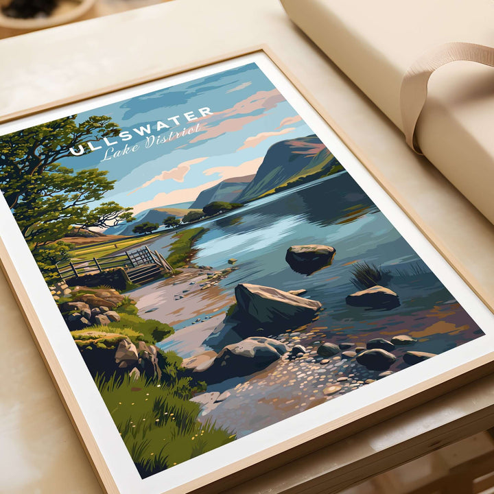 Ullswater Lake District print showcasing lakeside path, stone wall, and serene water landscape.
