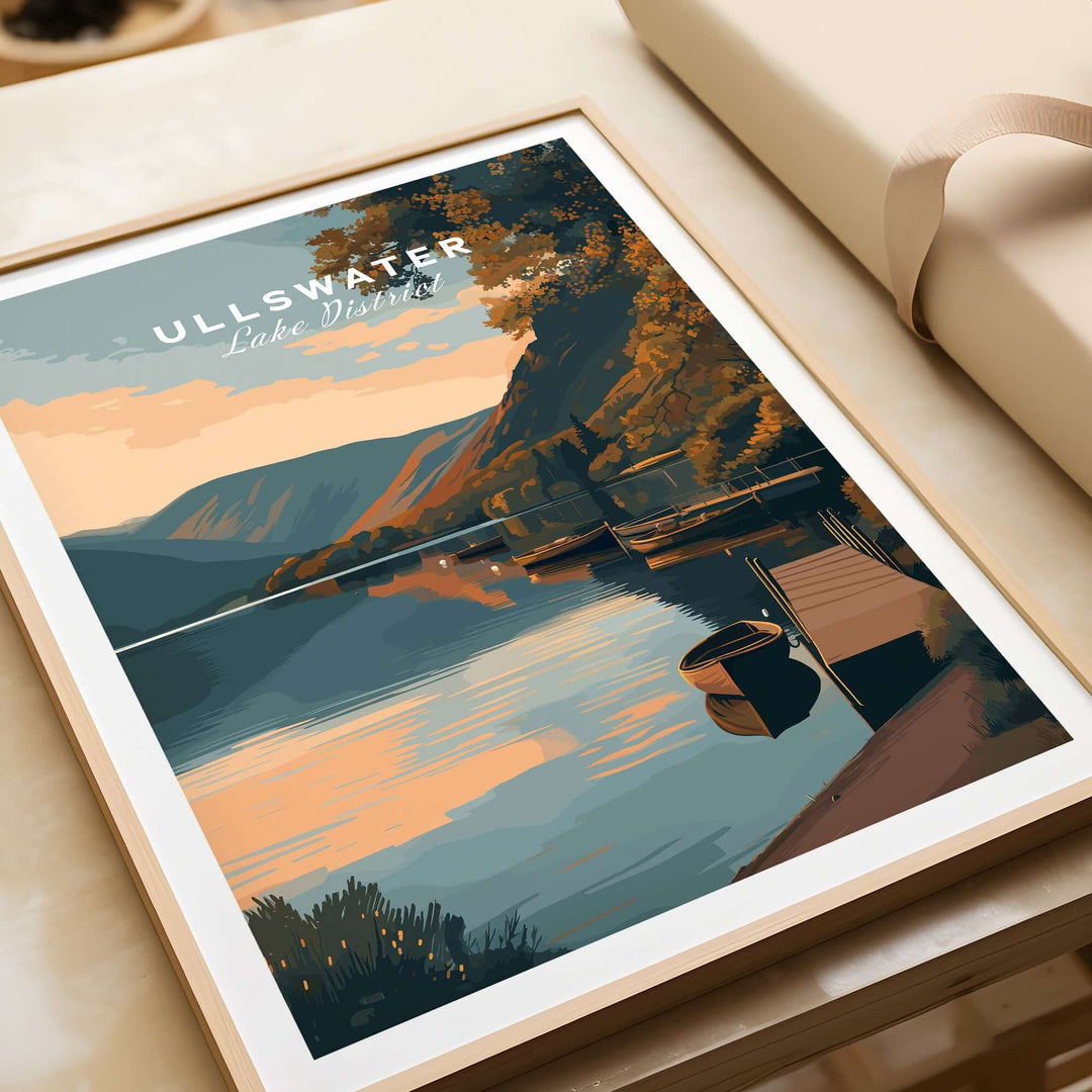 Ullswater Lake District lakeside boats poster, tranquil dock scene at sunset, elegant decor for serene spaces.
