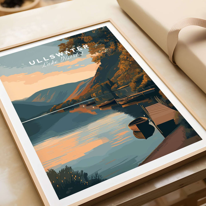 Ullswater Lake District lakeside boats poster, tranquil dock scene at sunset, elegant decor for serene spaces.