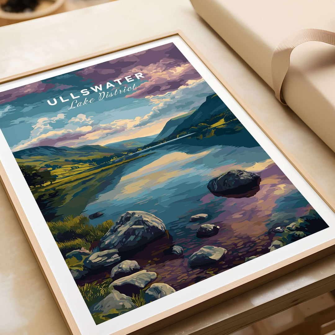 Ullswater Lake District mountain view reflection print showcasing serene waters and vibrant landscapes.