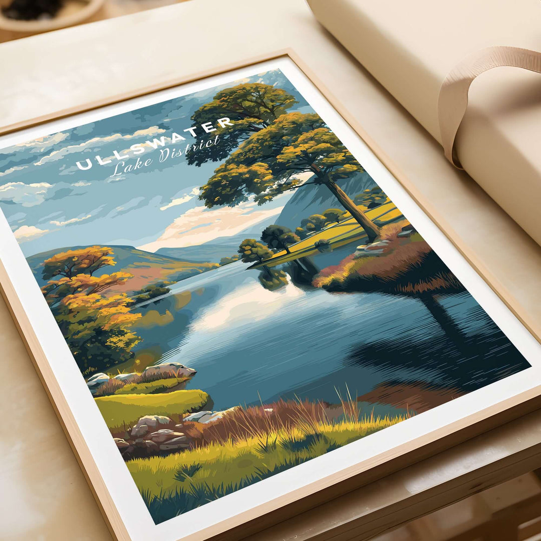 Ullswater Lake District print featuring green trees and tranquil waters, showcasing the beauty of the English countryside.