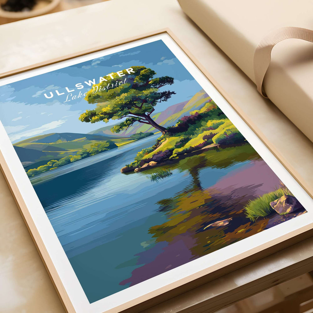 Ullswater Lake District Solitary Tree Print showcasing a lone tree reflecting on the serene lake, perfect for tranquil home decor.