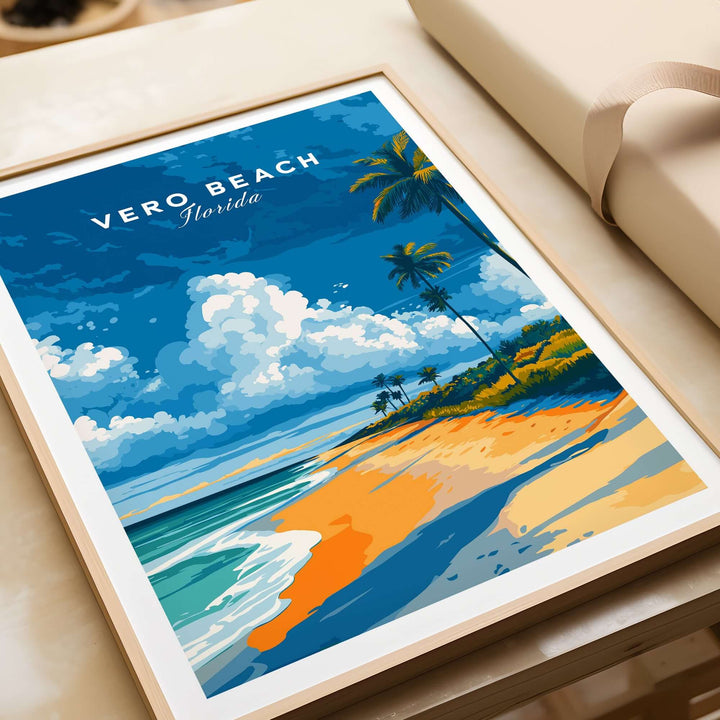 Vero Beach Florida palm tree beach poster with vibrant coastal seascape, perfect tropical wall art for home decor.