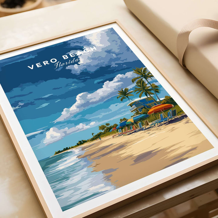 Vero Beach Florida beachfront resort print capturing vibrant coastal views and lifeguard station wall art.