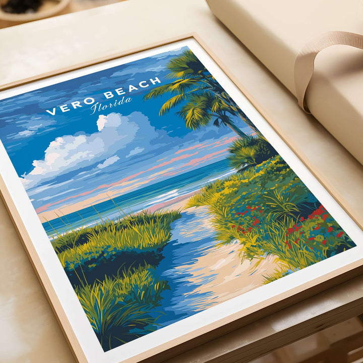 Vero Beach Florida Path to Beach Print showcasing coastal flowers and vibrant dunes in a sunny landscape.