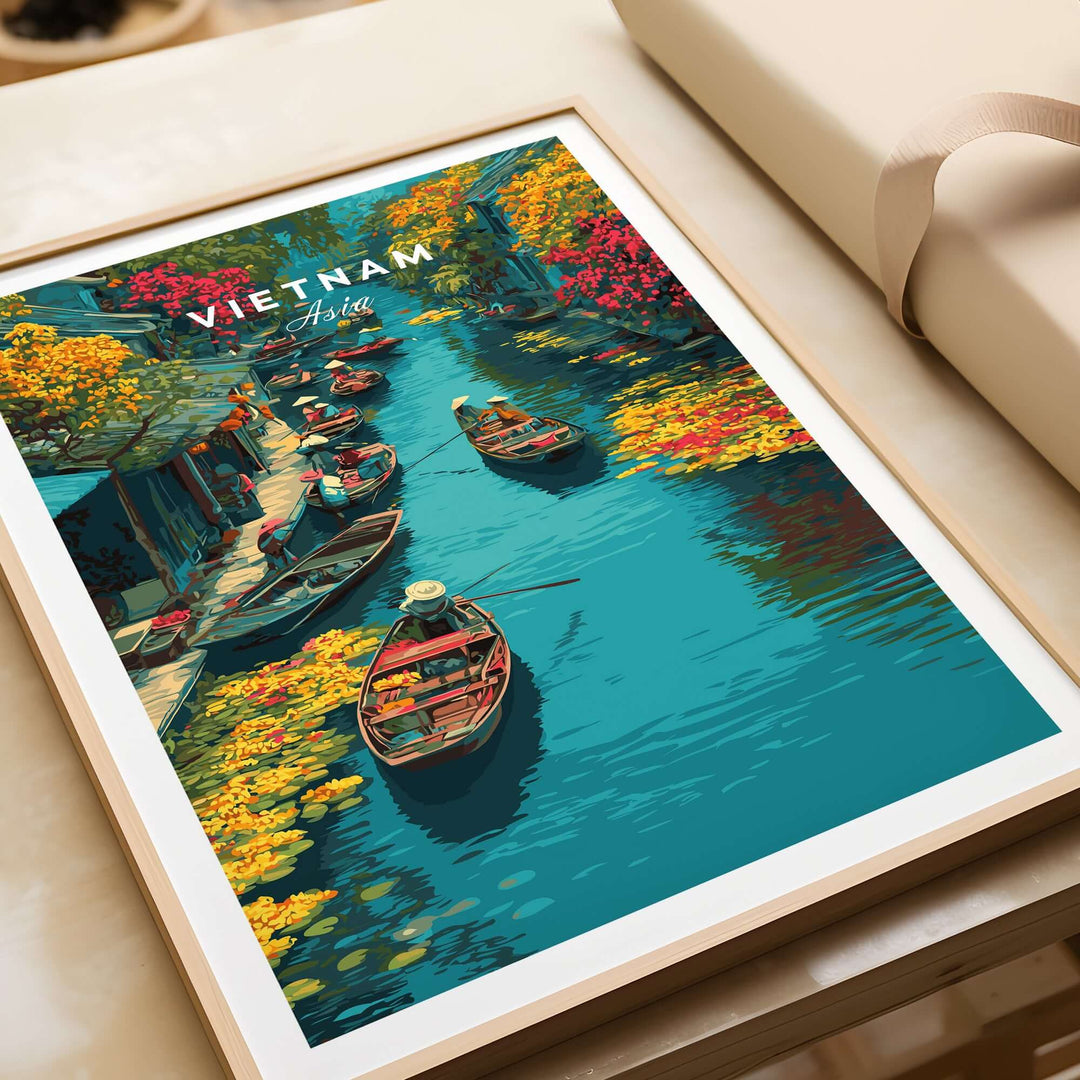 Vietnam Hoi An Canal Boats print showcasing traditional river markets and vibrant colors in a framed artwork.