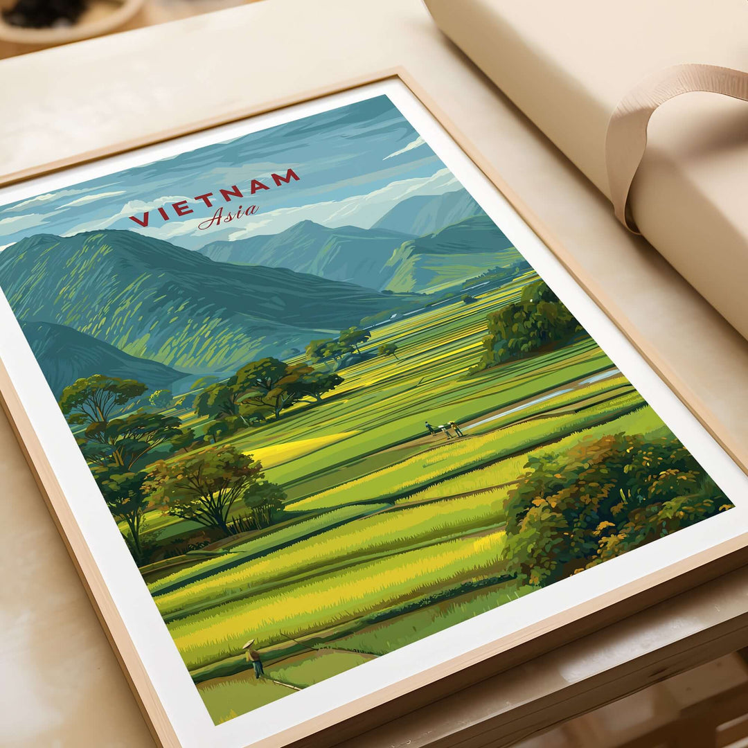 Vietnam rice fields landscape print showcasing vibrant green terraces and mountains, perfect for home or office decor.