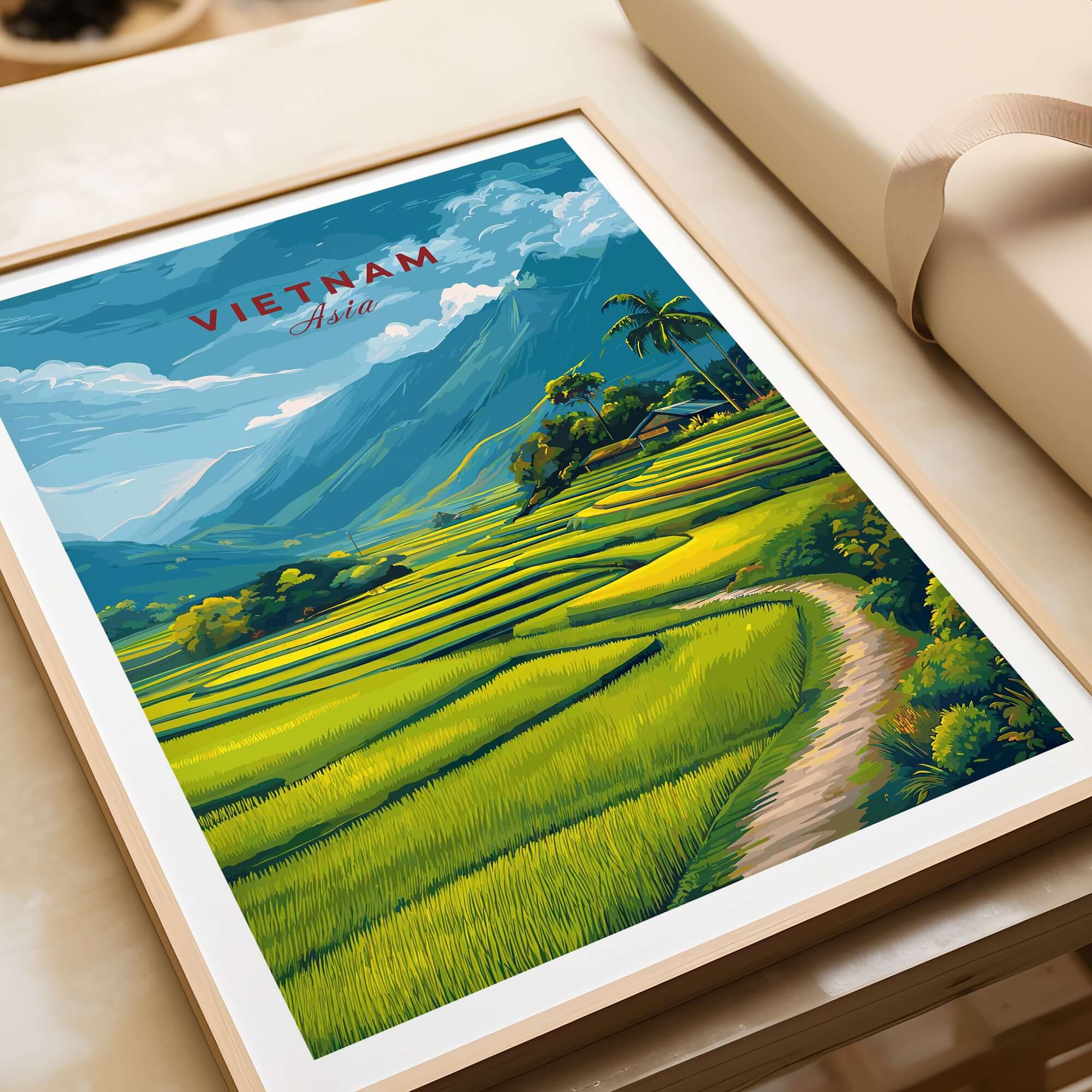 Vietnam Travel Poster showcasing lush rice fields and mountains, vibrant colors celebrating Vietnam's landscapes.