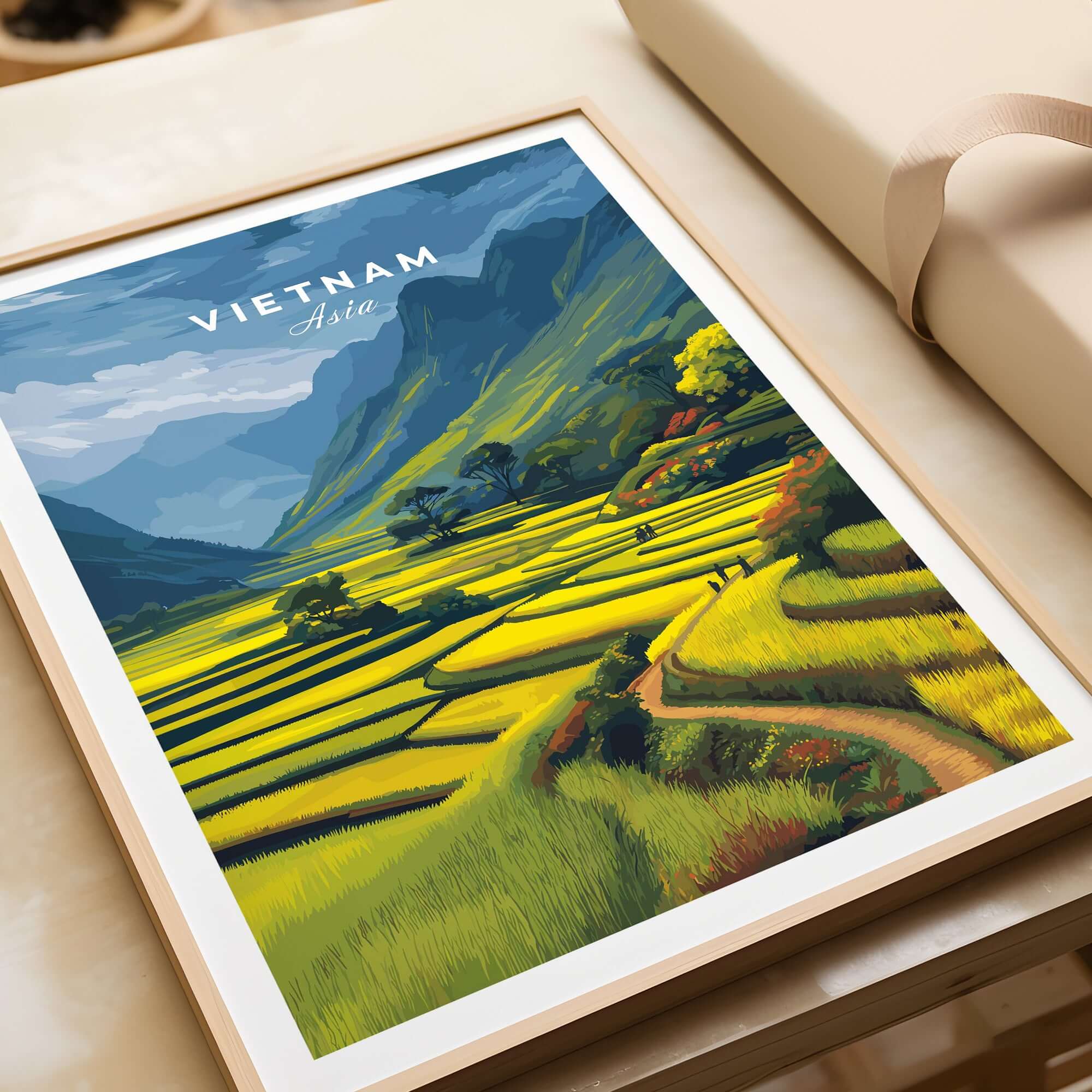 Vietnam Rice Terraces Print - Scenic Mountain Poster showcasing lush green fields and mountains in Vietnam.