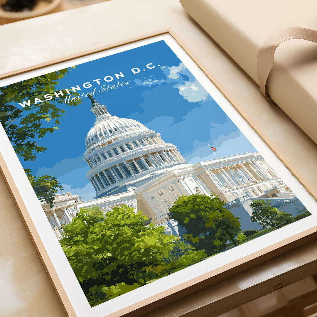 Washington D.C. US Capitol Building print showcasing iconic American architecture and lush greenery.