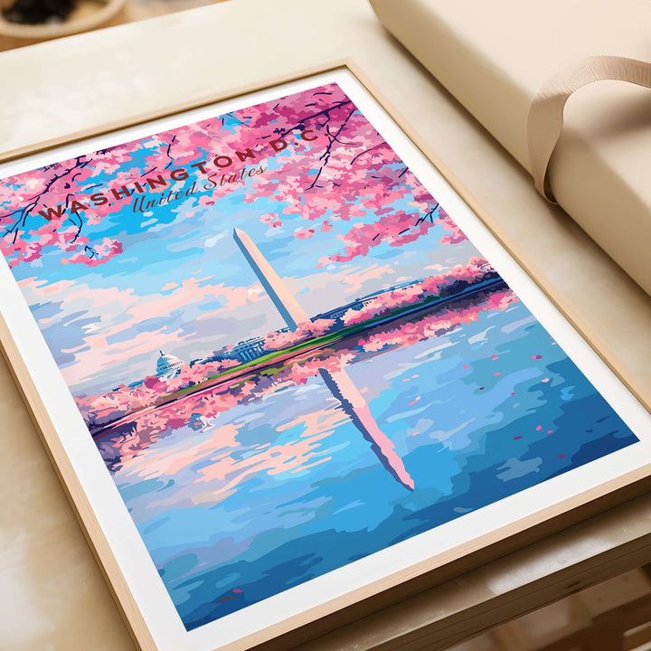 Colorful Washington D.C. cherry blossom poster featuring the Jefferson Memorial and the reflecting water.
